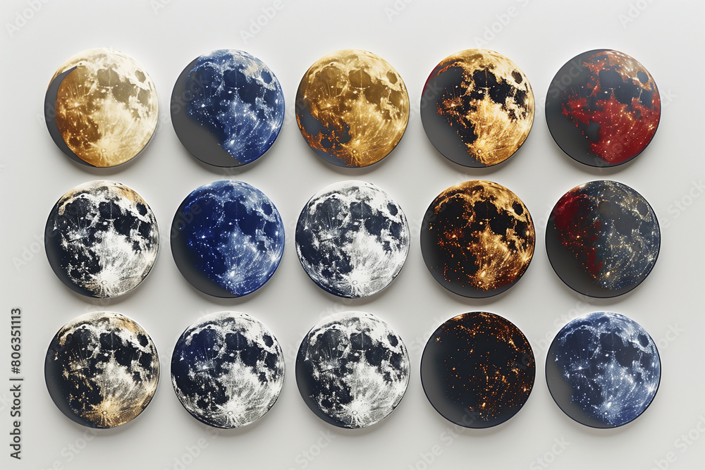 Nine colorful moon magnets arranged on a table Nine colorful moon magnets arranged on a table