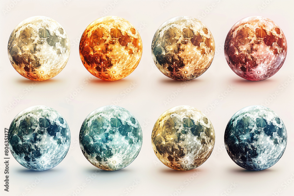 Displaying a variety of moon phases in different colors on a dark background
