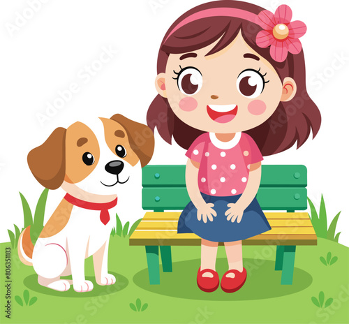 cartoon child and puppy sitting in a garden  vector illustration photo