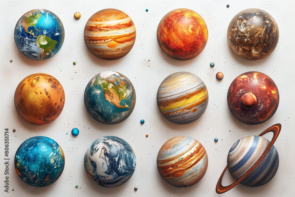 Collection of various planets displayed on a clean white background Collection of various planets displayed on a clean white background
