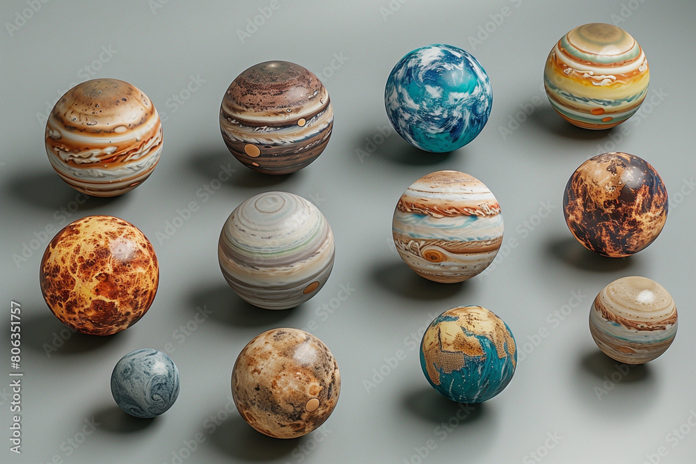 Collection of various sized planets displayed on tabletop Collection of various sized planets displayed on tabletop