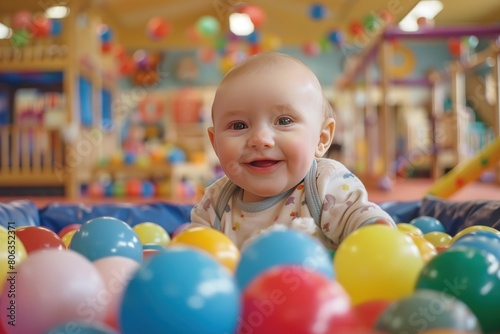 A happy baby playing in the ball pit at an indoor playground. Generate AI image