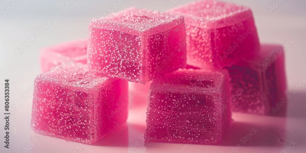 A pile of pink ice cubes on a white surface. A pile of pink ice cubes on a white surface.