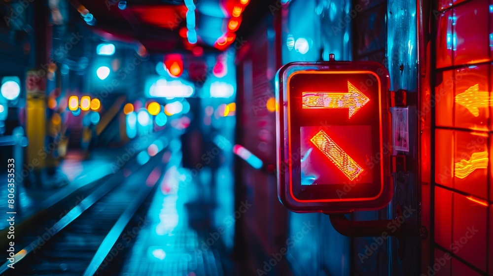 A neon sign on a train track. A neon sign on a train track.