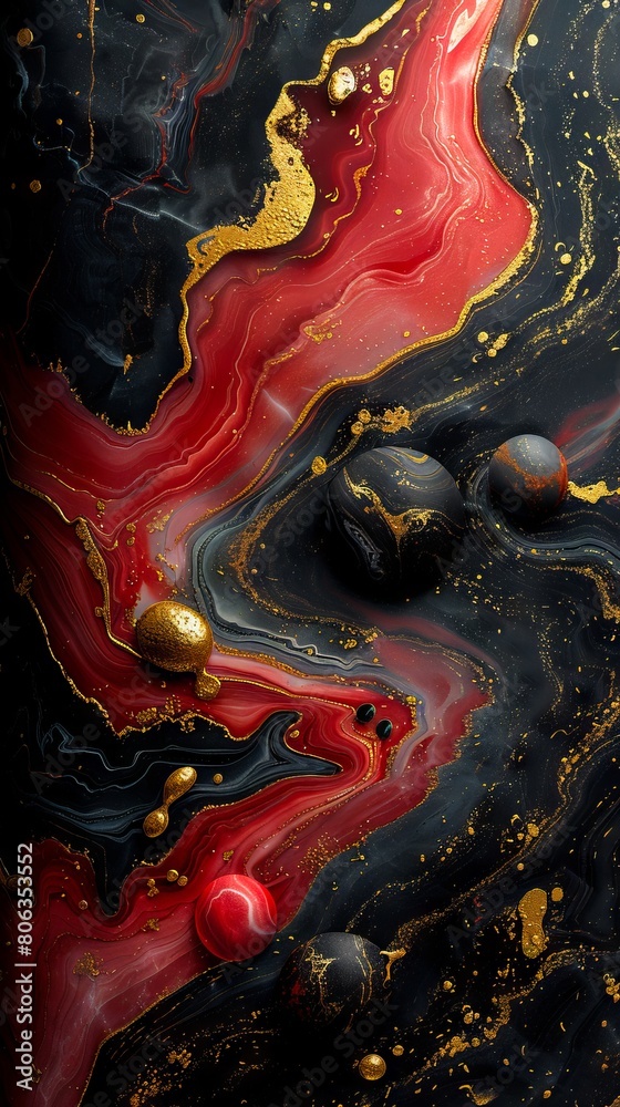 A black and gold abstract painting. A black and gold abstract painting.