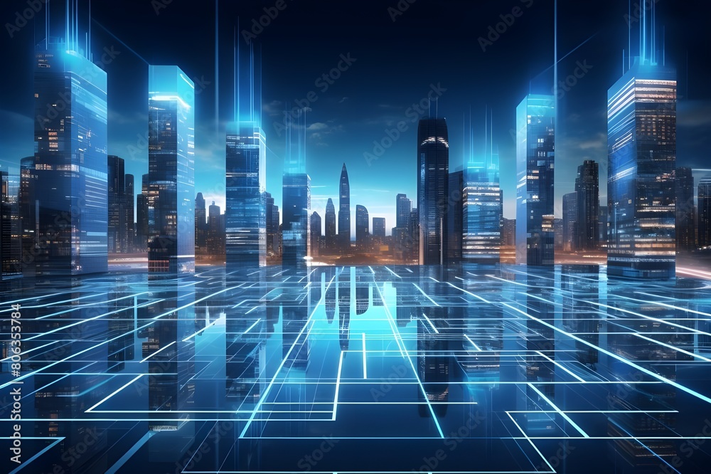 Night futuristic city skyline, Generative AI