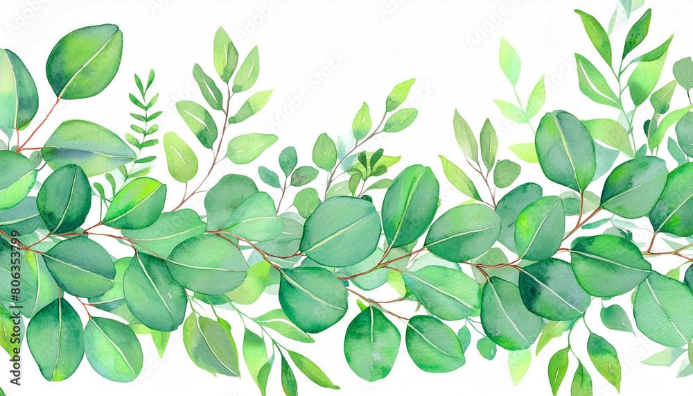 Watercolor green leaves and branches on white background, illustration.