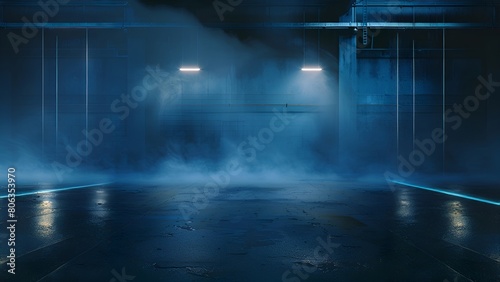 Dark and foggy empty underground parking garage with bright lights in the distance