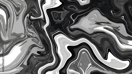 Abstract black and white marble texture with gray swirls and fluid shapes
