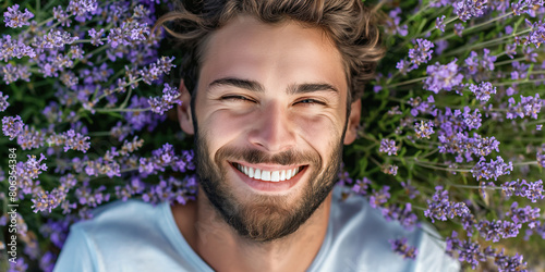 Aromatherapy concept. Close up portrait of a young handsome French laughing, laying in blooming lavender and feeling good. Outdoor shot