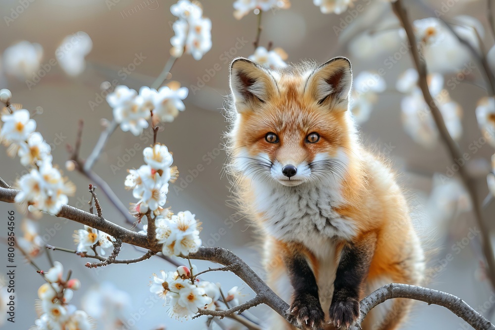 Fototapeta premium Baby Fox Perched Amid Blossoming Spring Tree Branches