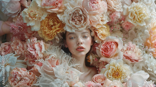 A young female model encircled by a floral arrangement, embodying a fashion editorial aesthetic with her face adorned by blossoms. Face in flowers