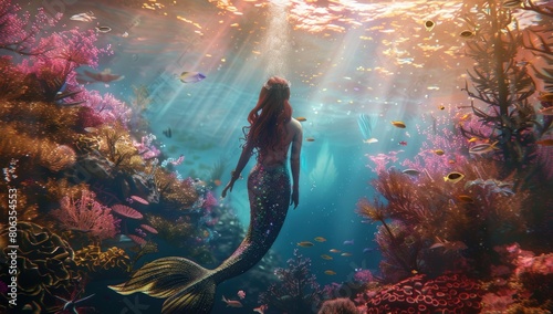 Beautiful mermaid in the underwater world, fantasy art. Generate AI image