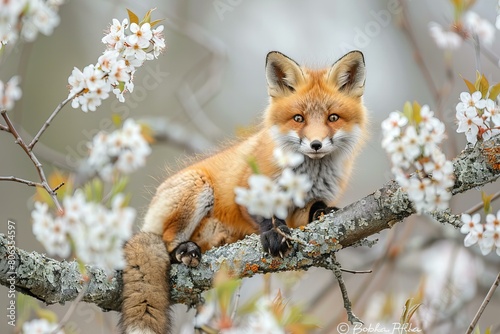 Baby Fox Among Blossoming Spring Tree Branches