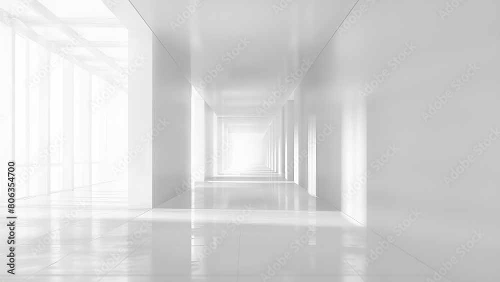 Bright white futuristic modern empty room with shiny reflective floor and large windows