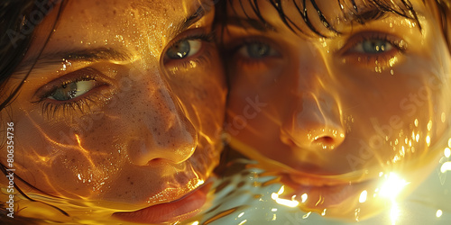 Mermaids concept. Close up portrait of two young beautiful women in water. Reflecting light on their gorgeous faces. Outdoor shot photo