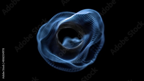 Abstract 3D rendering of a glowing blue sphere made of tiny particles on a black background