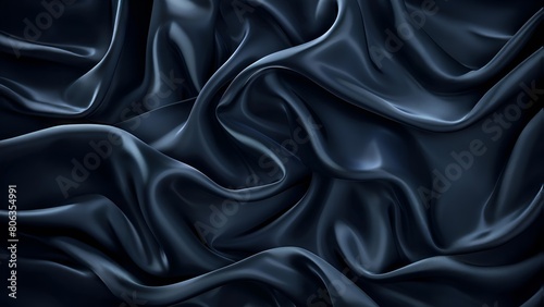 Abstract 3D rendering of smooth dark blue silk fabric with wavy folds and ripples