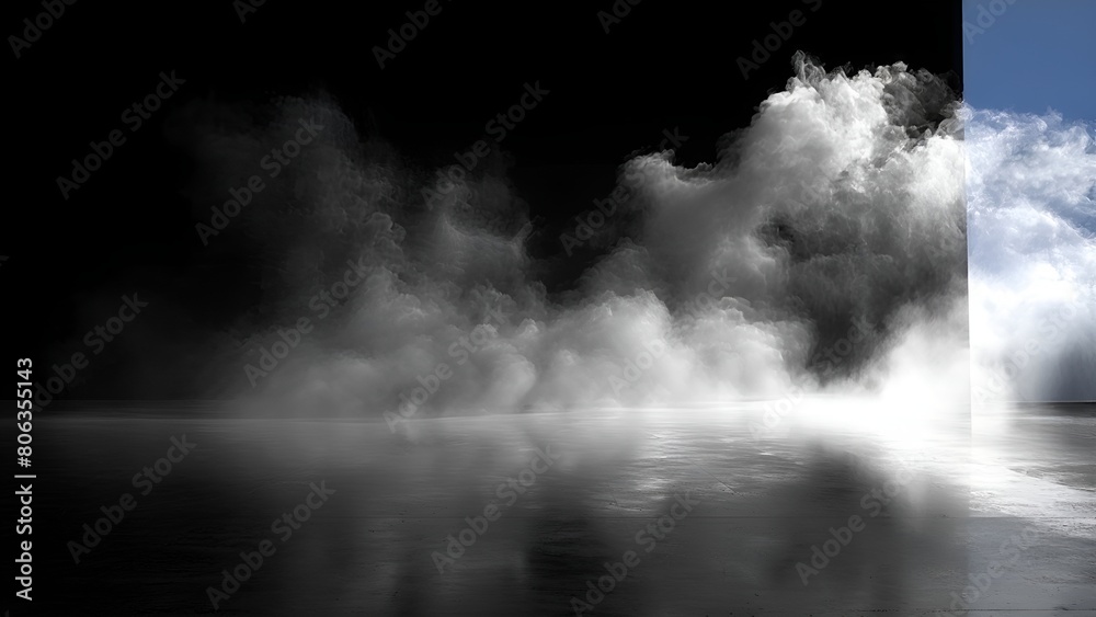 Volumetric clouds of white smoke or fog with bright blue sky in the background Volumetric clouds of white smoke or fog with bright blue sky in the background