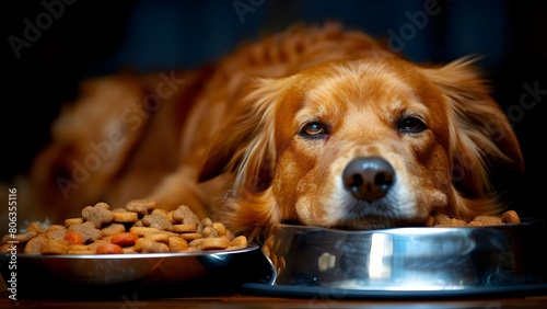 Promotional Image Featuring Dog Next to Food Bowl  Perfect for Pet Food Marketing. Concept Pet Food Brand  Dog Lovers  Animal Nutrition  Promotional Campaign  Marketing Strategy