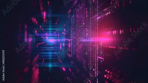 Abstract glowing neon binary code in cyberspace with perspective, suitable for technology and programming backgrounds