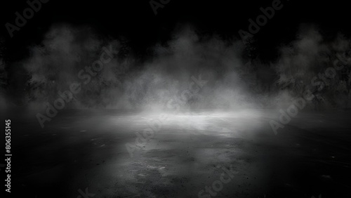 Dark and mysterious smoke or fog fills an empty room with a concrete floor, creating an eerie atmosphere © monsifdx