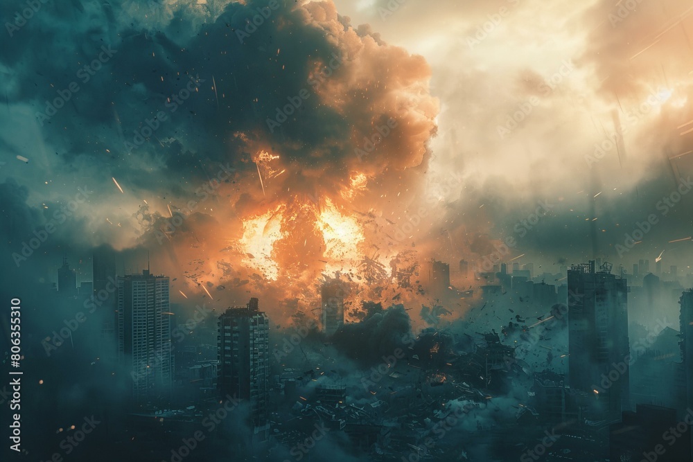 Obraz premium Apocalyptic Cityscape with Massive Explosion and Debris