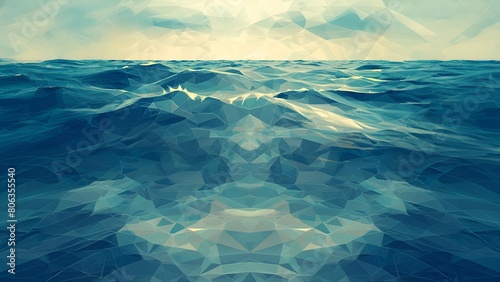 Abstract blue ocean waves with bright sunlight reflection in low poly style