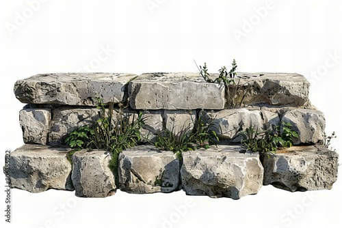 Ancient Stone Blocks with Green Plants Isolated on White