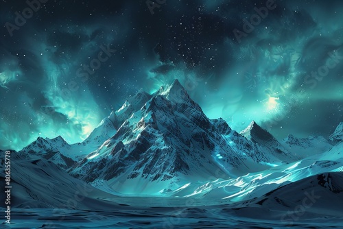 Majestic Aurora Borealis Over Snowy Mountain Peaks in Winter