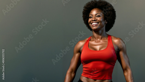 Bella ragazza di origini africane posa in uno studio fotografico vestita per allenamento in palestra photo