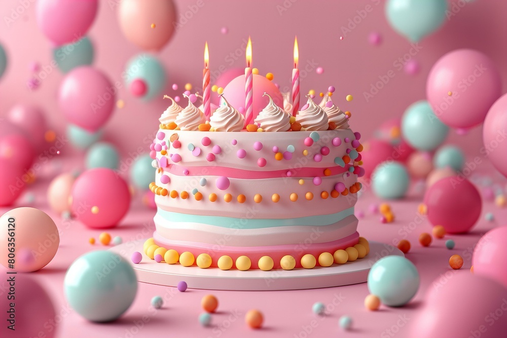Colorful Birthday Cake with Candles and Pink Balloon Decor Colorful Birthday Cake with Candles and Pink Balloon Decor