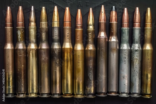 Collection of Diverse Caliber Bullets Lined Up on Dark Background
