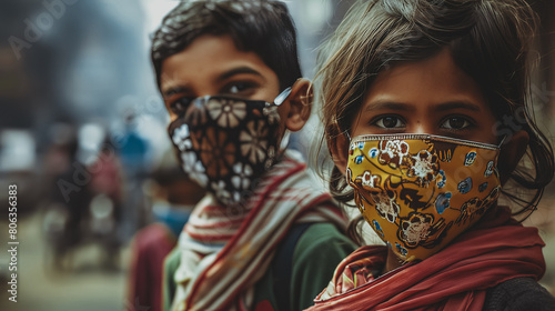 Indian Children wearing masks due to poor air quality, a byproduct of pollution and climate change. photo