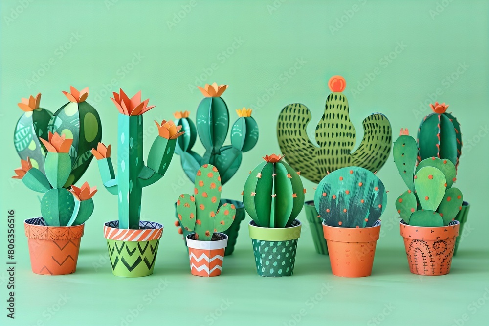 Colorful Handcrafted Paper Cactus Collection on Green Background