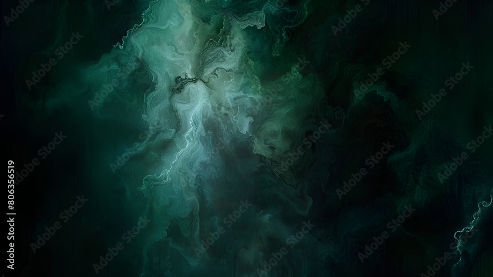 Abstract green and black fluid painting, dark fantasy background, digital art
