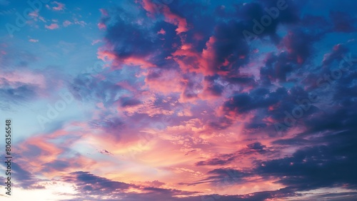Amazing colorful sunset sky with pink, blue, and violet clouds