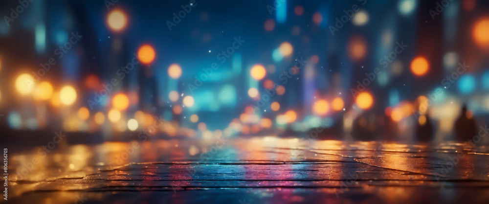 Abstract blurred bokeh lights background. Glowing illumination of city street reflecting in wet road at night. Abstract blurred bokeh lights background. Glowing illumination of city street reflecting in wet road at night.