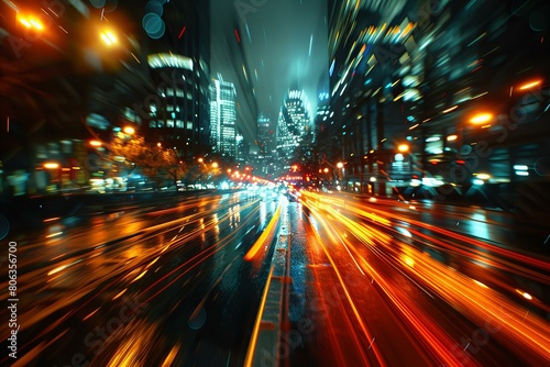 Dynamic Cityscape at Night with Vibrant Car Light Trails