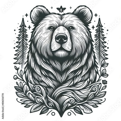 Monochrome line art bear in sketch style coloring page illustration