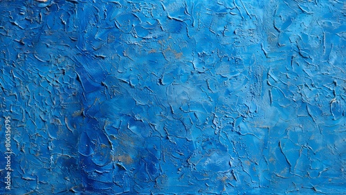 Blue abstract oil painting with rich texture and gold accents