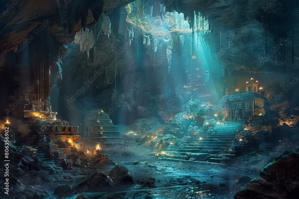 Naklejka premium Mystical Cave with Hidden Treasures and Ethereal Light Rays