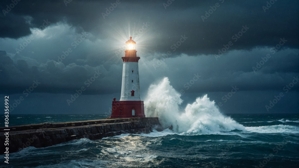 Lighthouse and strong sea waves in the dark stormy night. Powerful hurricane dramatic cloudy sky.