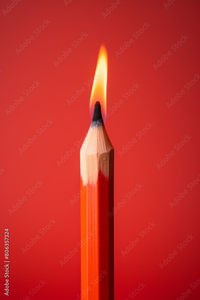 Orange pencil with flame on tip against red background. Close-up creative conceptual photography. Creativity and idea generation concept. Design for poster, banner Orange pencil with flame on tip against red background. Close-up creative conceptual photography. Creativity and idea generation concept. Design for poster, banner