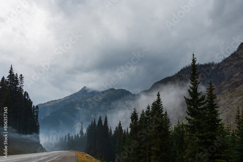 A misty, foggy scene along the North Cascades Highway in late September