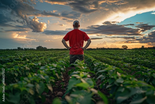 American farmer stands in the center of his field surrounded by rows of crops in a green and lush soybean plantation, generated with AI