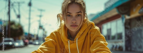 Young woman wearing yellow hoodie on urban street. Cinematic portrait with shallow depth of field. Youth culture and fashion concept