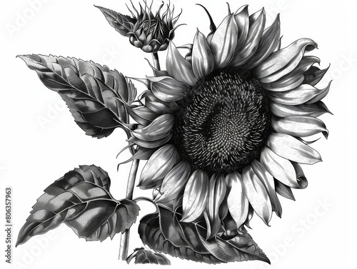 A beautiful sunflower, surrealism detailed, old print monochrome illustration in the style of english major circa 17th century, white background , generated with ai photo