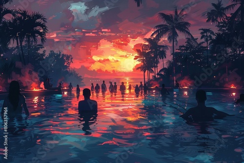 Tropical Sunset Pool Party with Vibrant Colors and Crowd