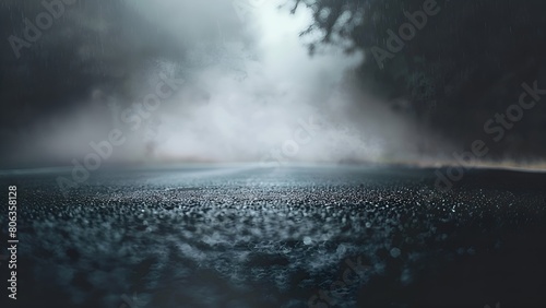 Dark and mysterious rainy road with fog and bright light at the end photo